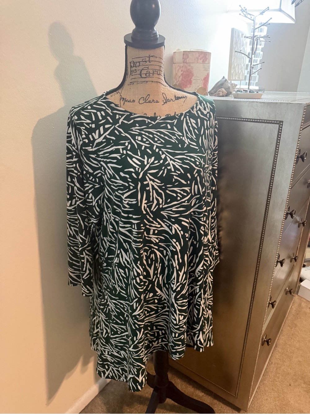 Alfani Green & White Leaf-Print Long-Sleeve Two Piece Set
